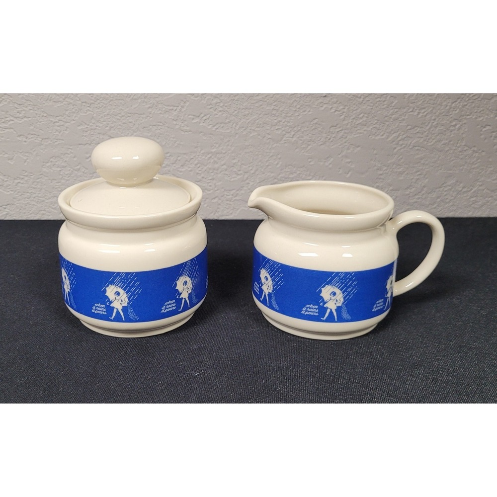 Vintage Morton Salt Creamer & Lidded Sugar Bowl Set Blue Umbrella Girl Japan